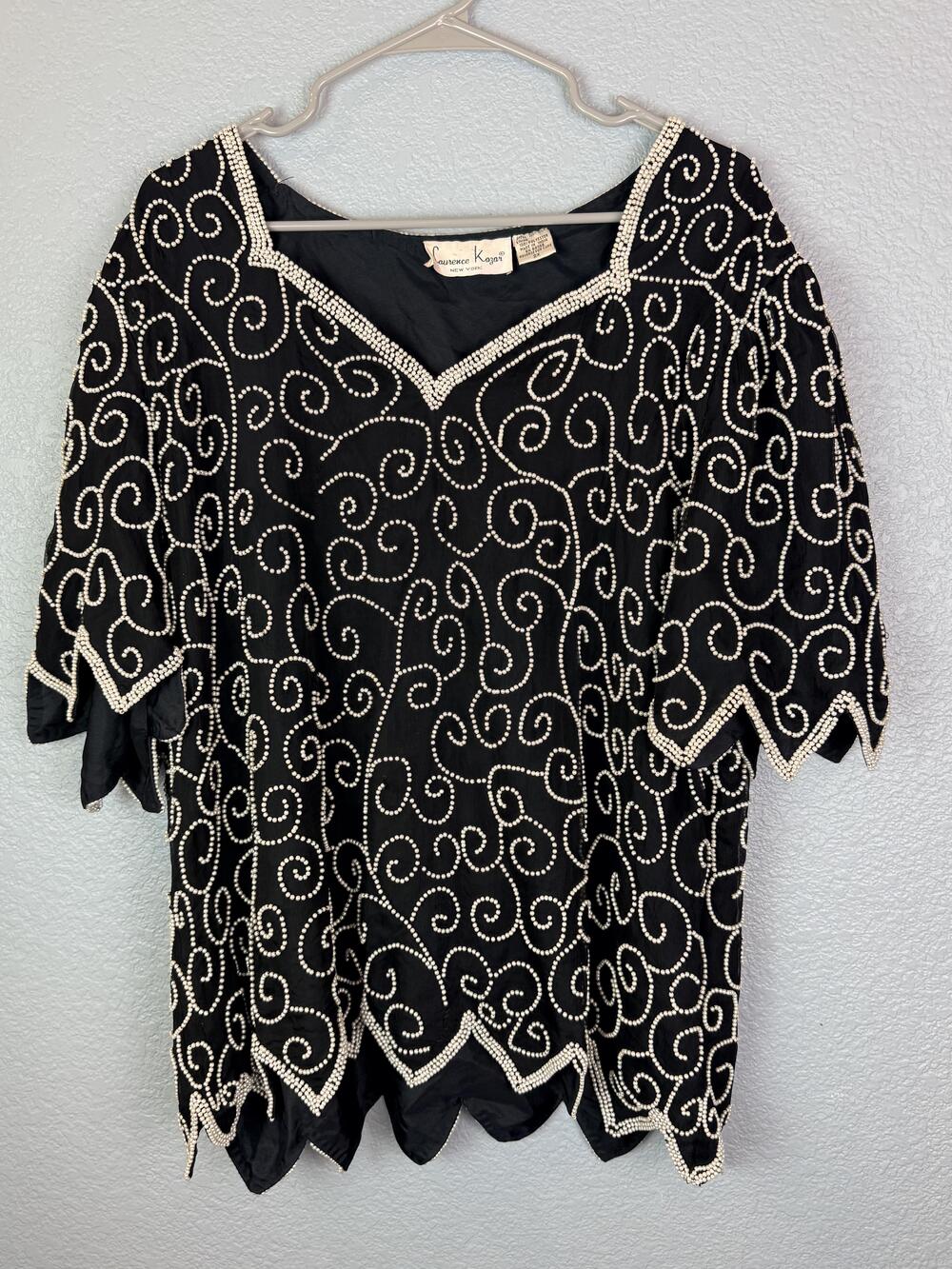 Vintage Laurence Kazar Blouse Womens 2X Black Beaded Silk Evening Tunic Top